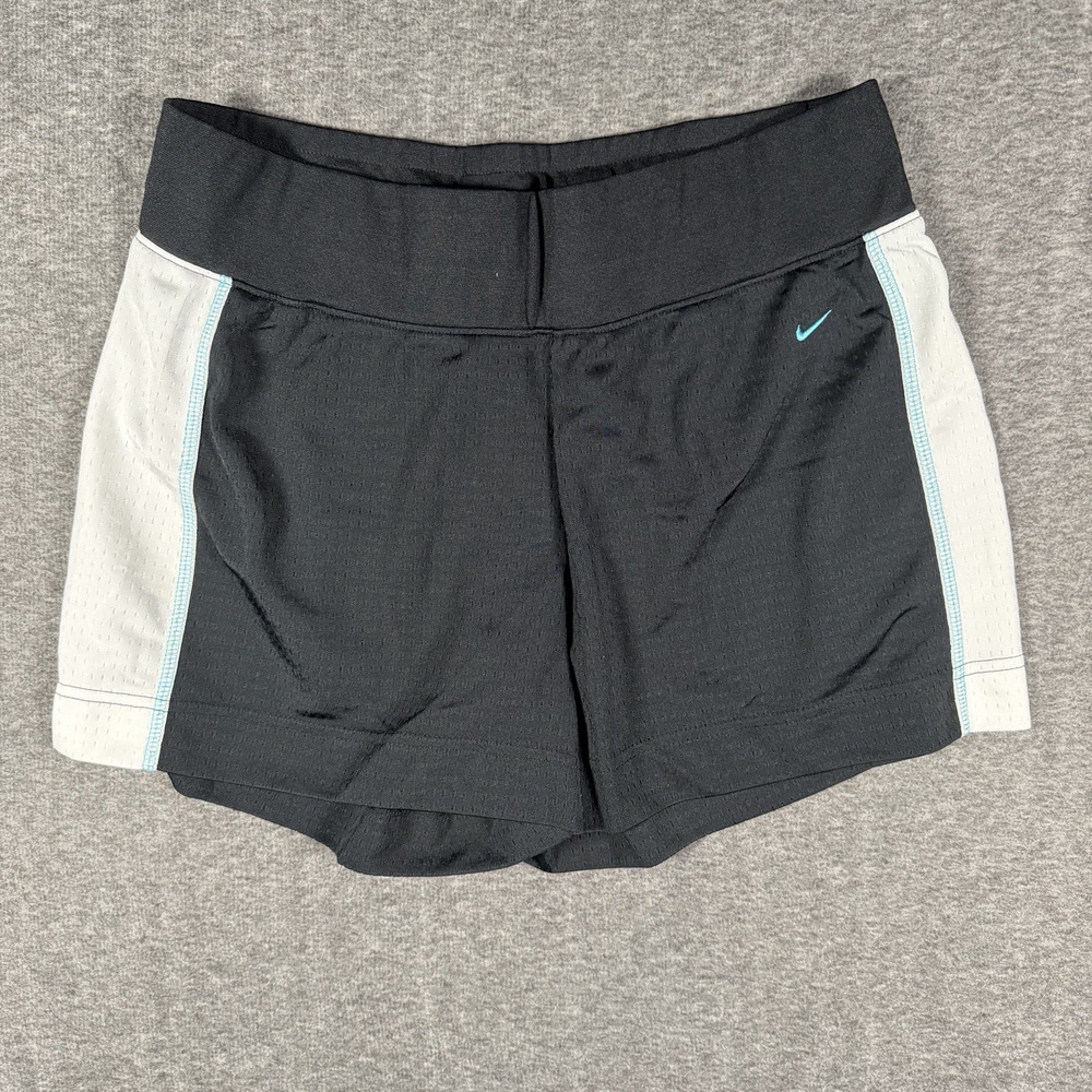 Y2K Nike Womens M Mesh Athletic Shorts Black Gray Blue Swoosh Workout